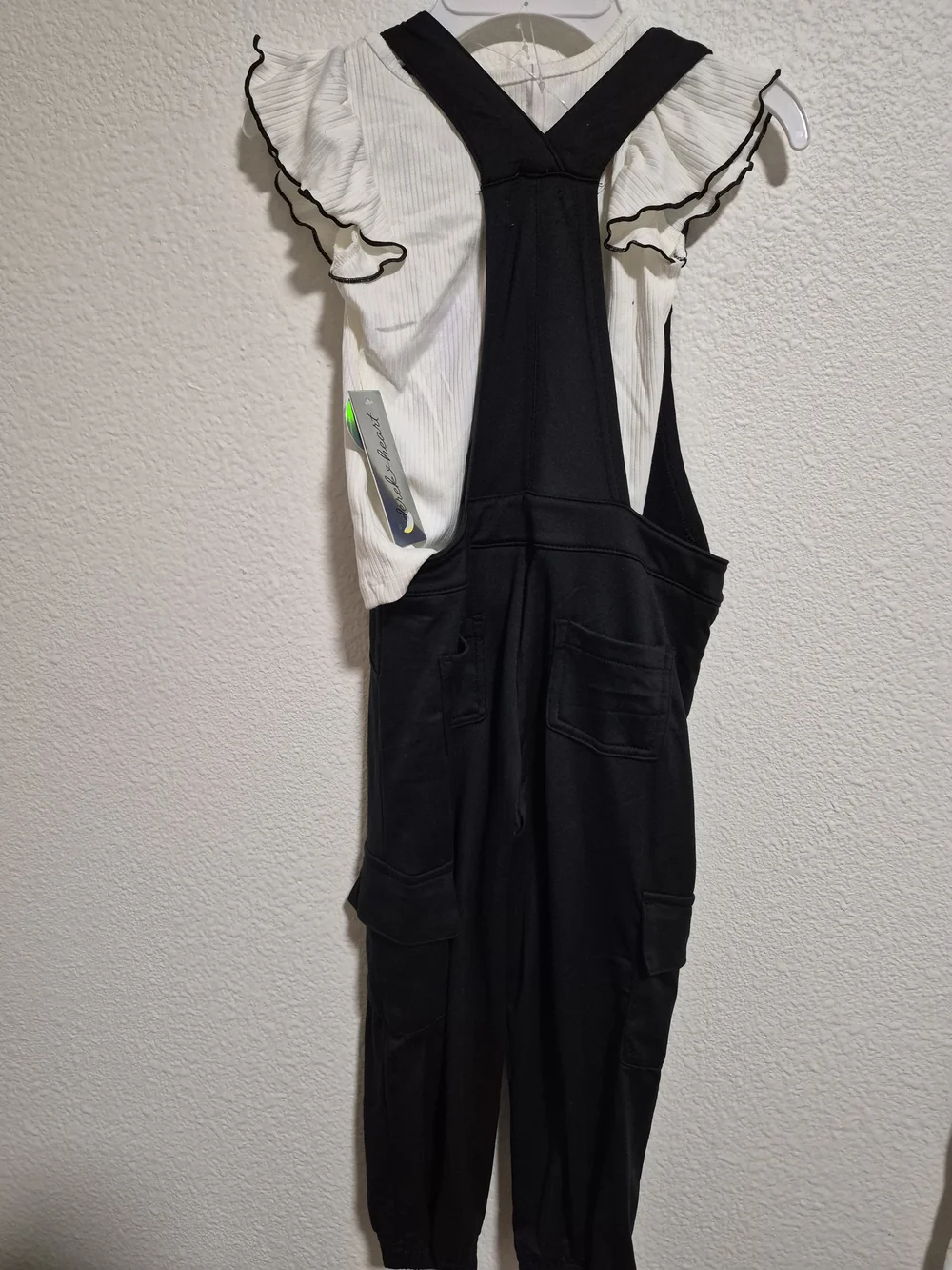 Derek Heart Black Overalls with White Ruffle Sleeve Top - Girls Matching Set